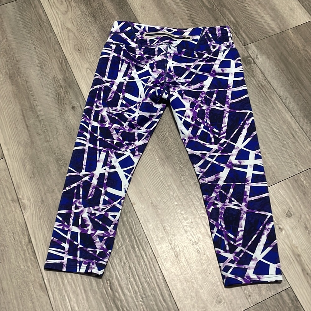 Athleta Floral‎ Geo Sonar Capri Blue Leggings Womens Small Workout Geometric - Picture 2 of 5